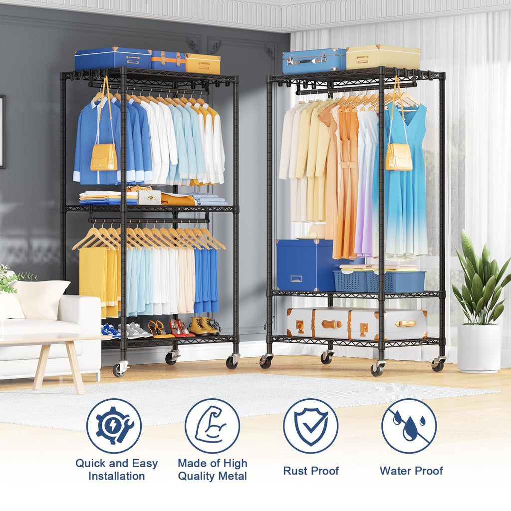 P8 Heavy Duty Clothes Rack(With Extended Width Design) Rolling Clothing Racks for Hanging Clothes, Portable Garment