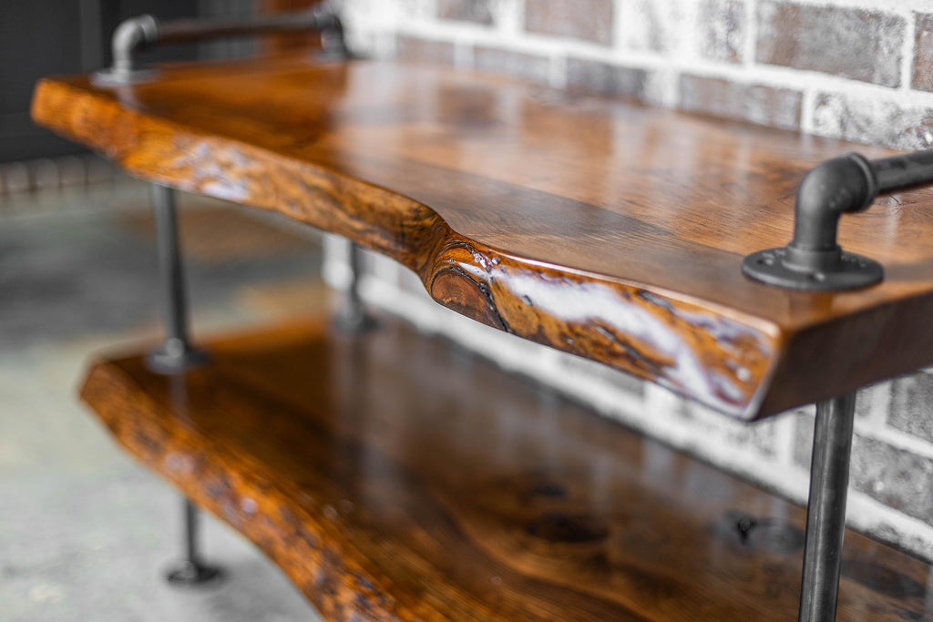 Industrial Pipe Live Edge Entertainment Center- Steampunk TV Stand with Live Edge Wood (Honey Pine)