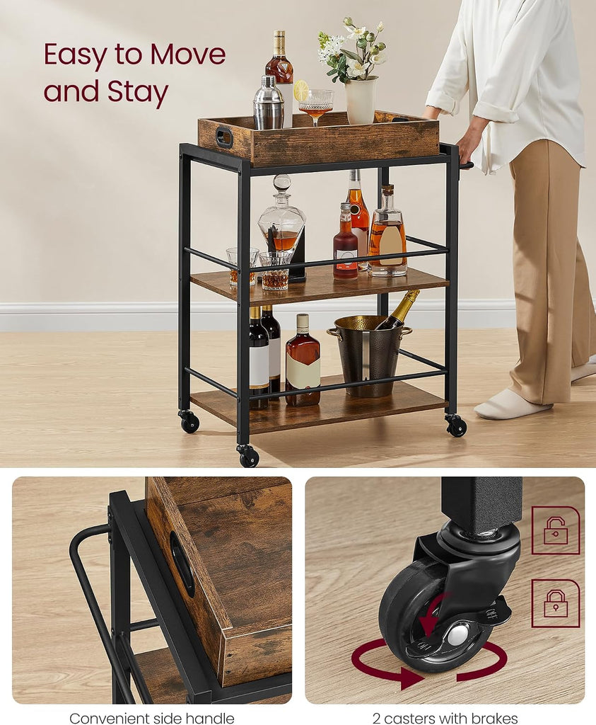 Kitchen Serving Cart with Removable Tray, 3-Tier Kitchen Utility Cart on Wheels with Storage, with Brakes, Leveling