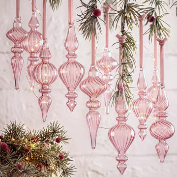 Vintage Glass Finial Christmas Ornaments, Pink - Set of 12