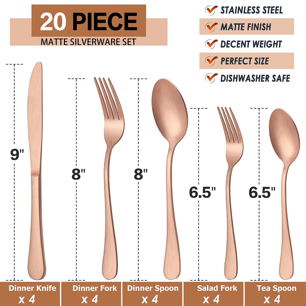 20 Piece Matte Copper Silverware Set, Stainless Steel Copper Flatware Cutlery Set for 4, Fancy Kitchen Utensil