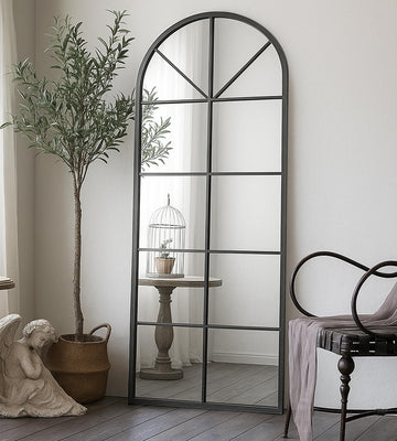 Floor Full Length Mirror, Arch Top Window Pane Mirror, 56"x22" Black