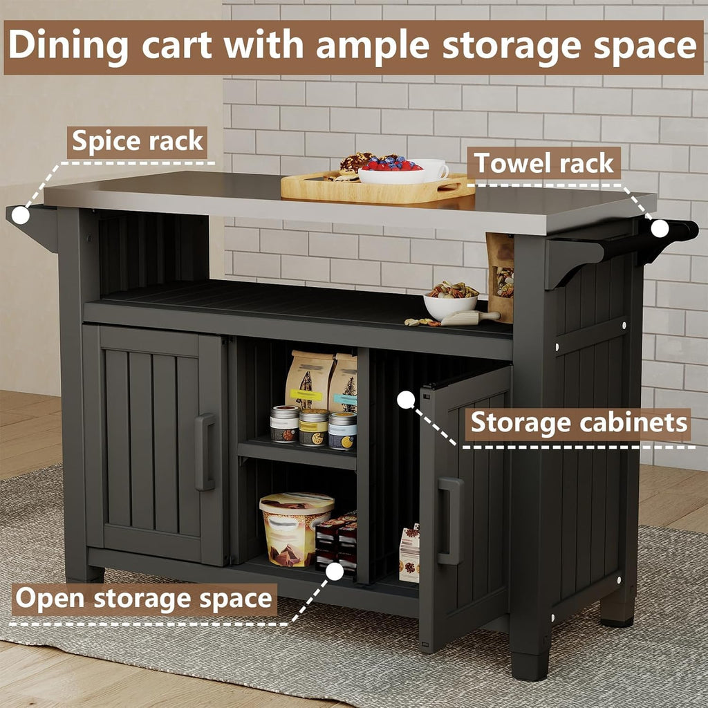 Outdoor Storage Cabinet, Patio Storage Table, Bar Table with Wheels, Outdoor Bar Cart, Poolside and Backyard, Classic
