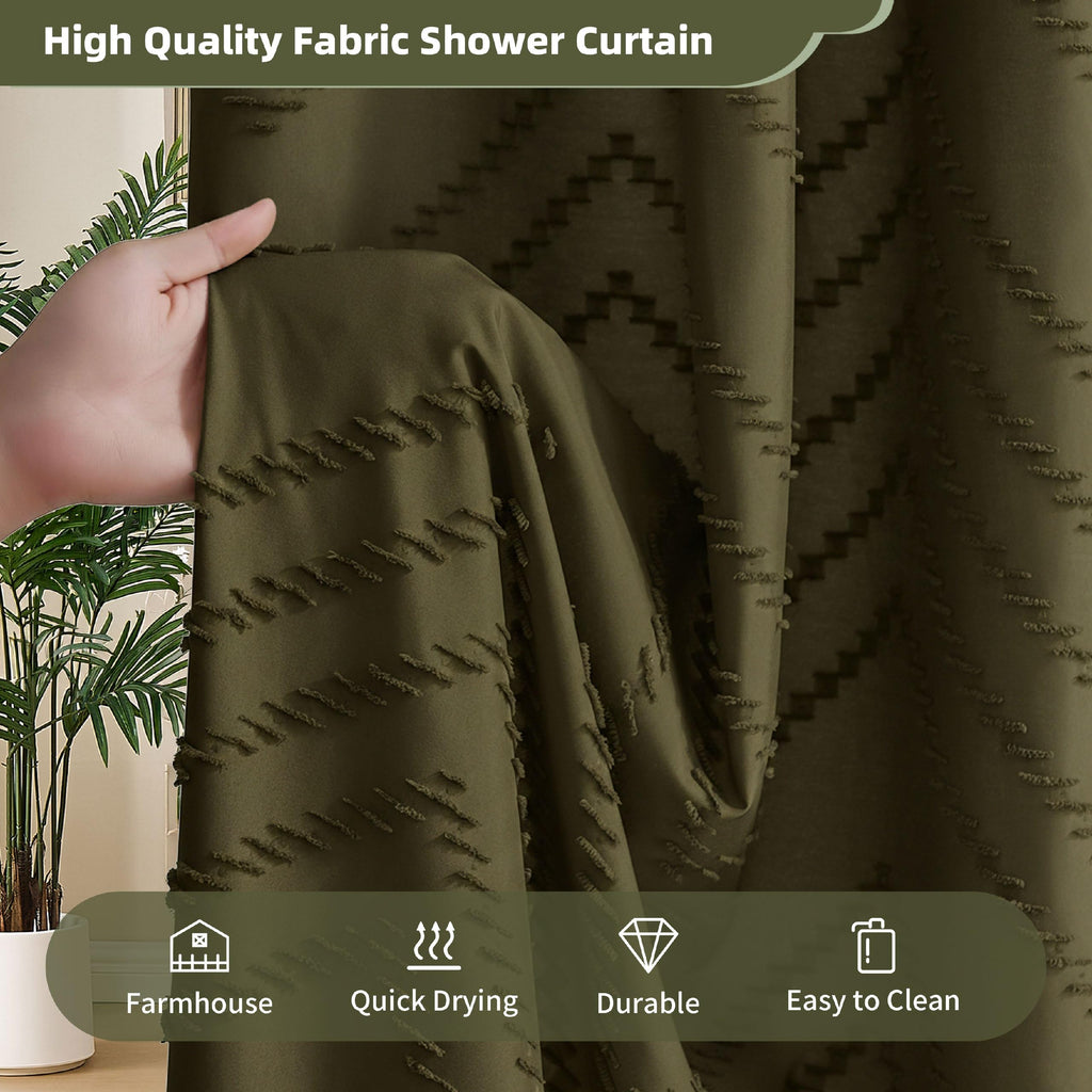 Extra Long Olive Green Boho Shower Curtain with Tassel, Woven Fabric 90 in Shower Curtain, Tufted Chevron Striped, 72