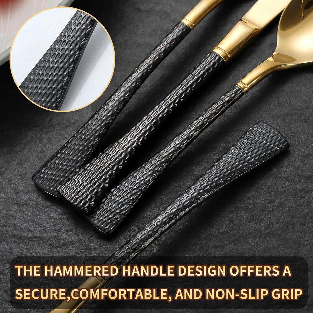 Hammered Black Gold Silverware Set,30 Piece Modern Flatware Set Service for 6,Mirror Polished Stainless Steel Cutlery