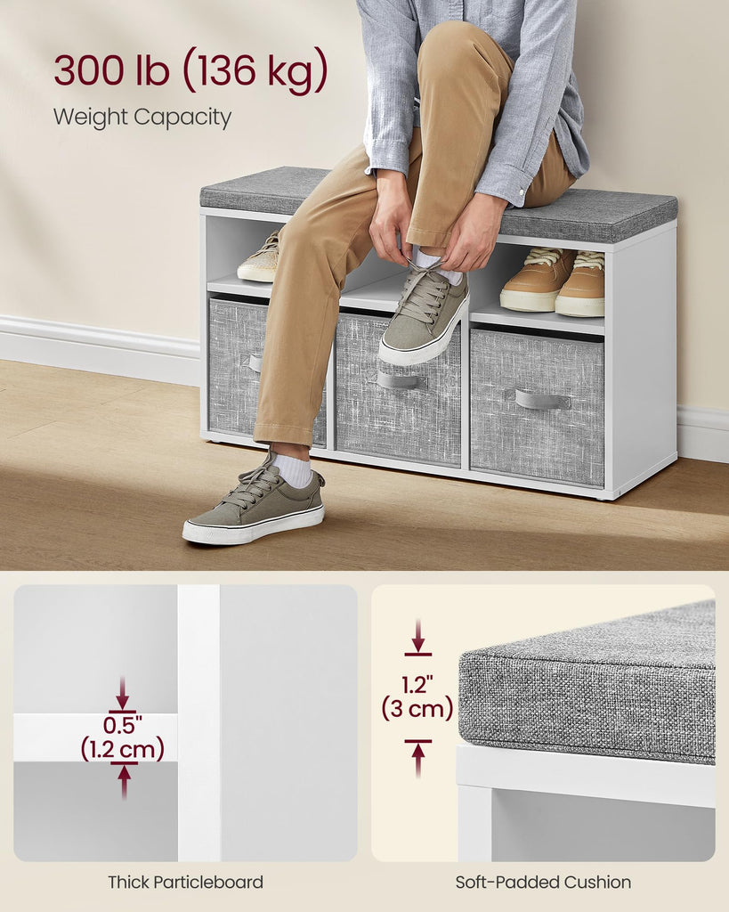 Shoe Bench with Cushion, 6 Compartments, 3 Adjustable Shelves