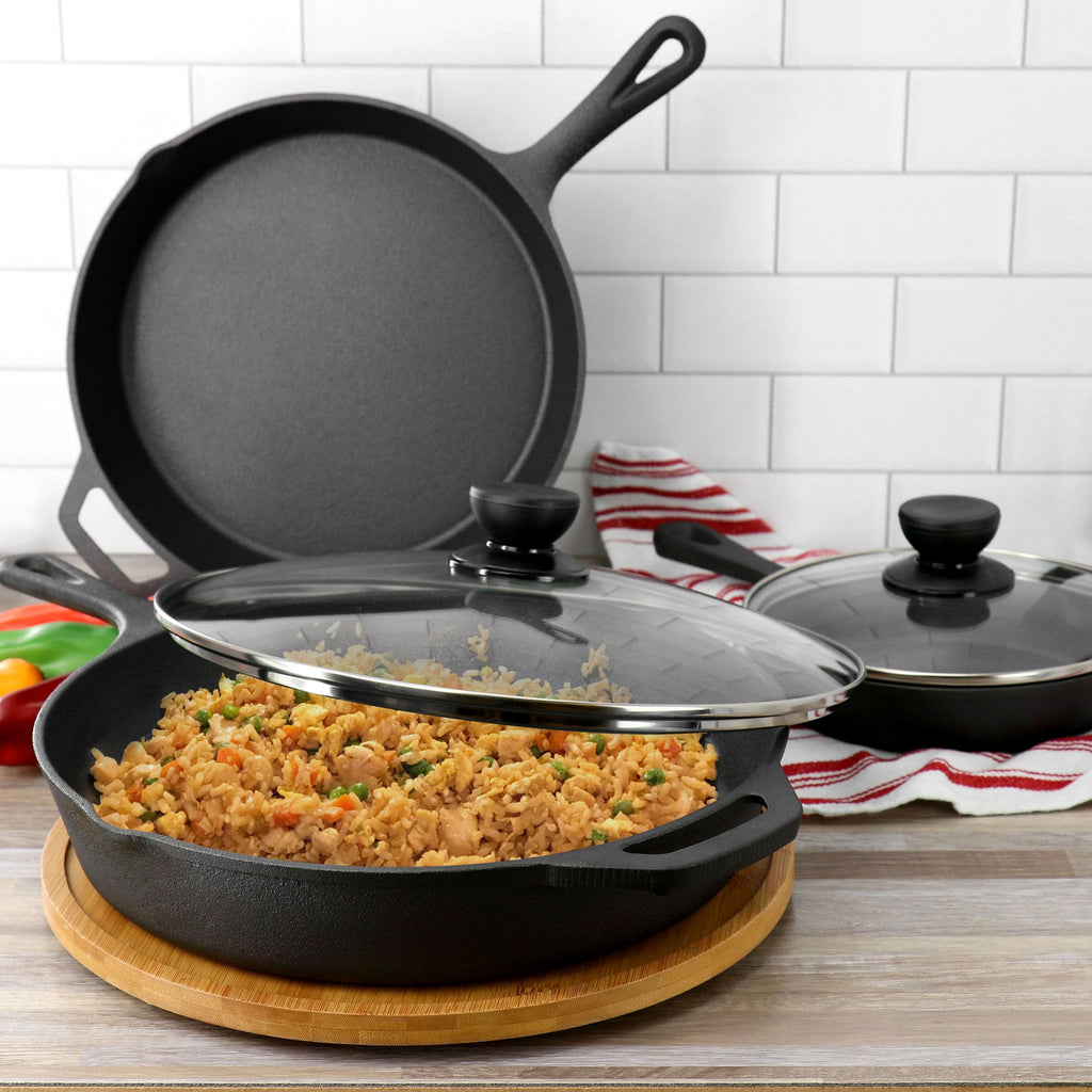 13 Piece Pre-Seasoned Cast Iron Skillet Set with Temperd Glass Lids and Silicone Holders