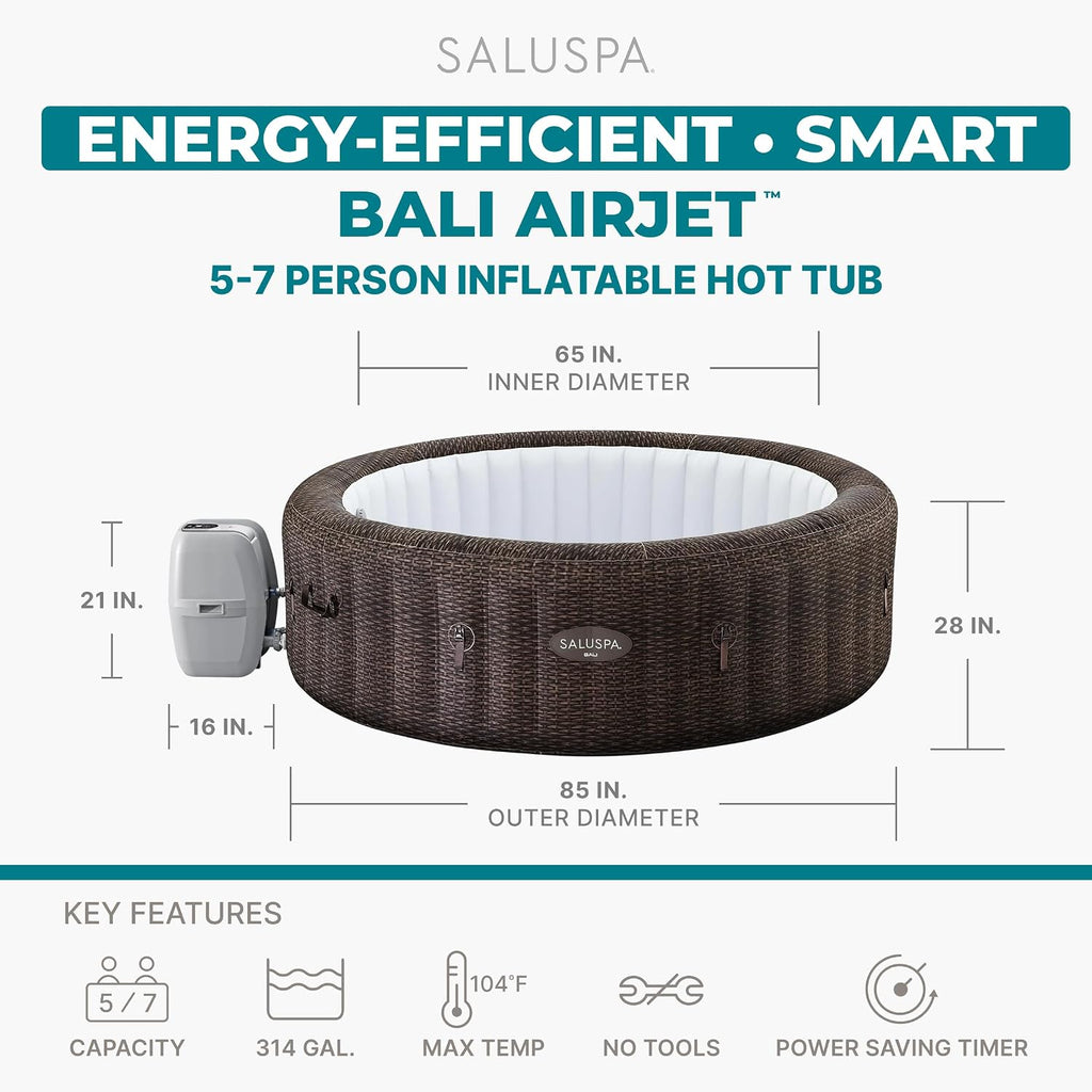 SaluSpa Bali 5 to 7 Person Inflatable Hot Tub, Round Energy-Efficient Portable Outdoor Spa with 180 AirJets, 85" x 28"