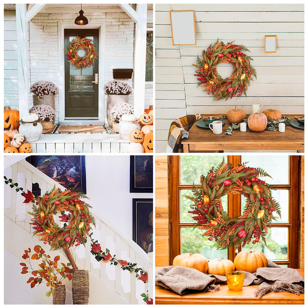 24" Fall Wreath for Front Door, Cattails Berries Thanksgiving Autumn Wreaths