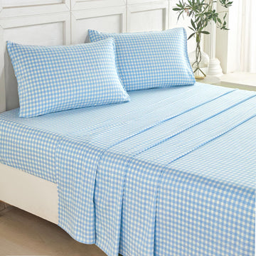 Light Blue Plaid Sheets 4-Piece Set Soft Brushed Microfiber Gingham Bed Sheets 16" Deep Pocket Coastal