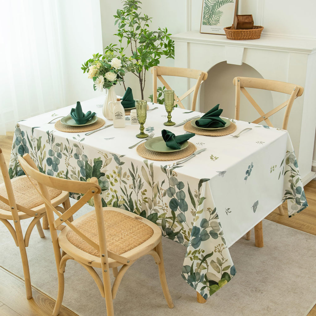 Summer Spring Tablecloth - Waterproof, Stain Resistant, Eucalyptus Floral Design for Dining, Kitchen, Outdoor