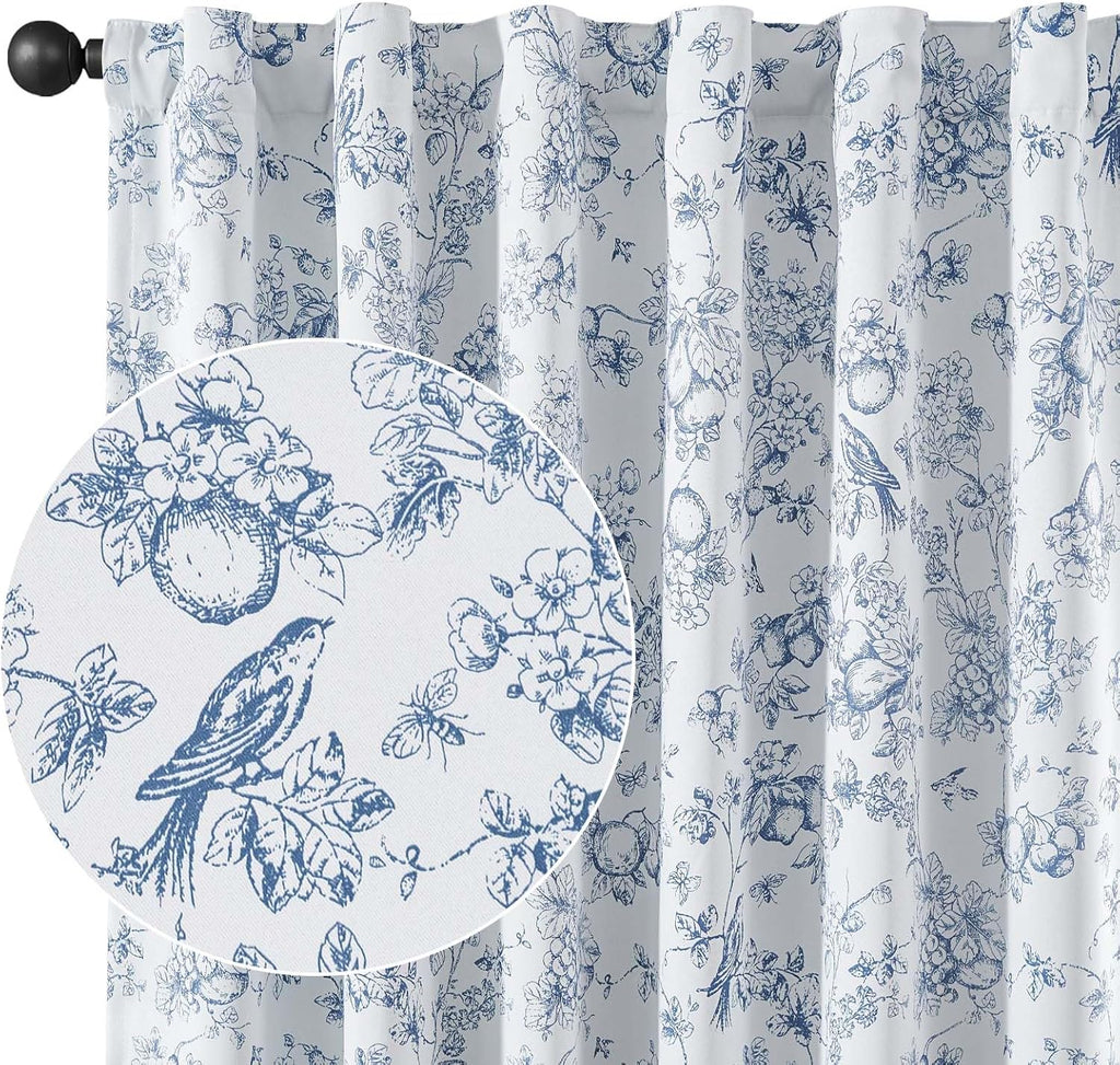 Blue 100% Blackout Curtains for Bedroom 96 Inch Length, Country Flower Floral Curtains for Living Room Toile