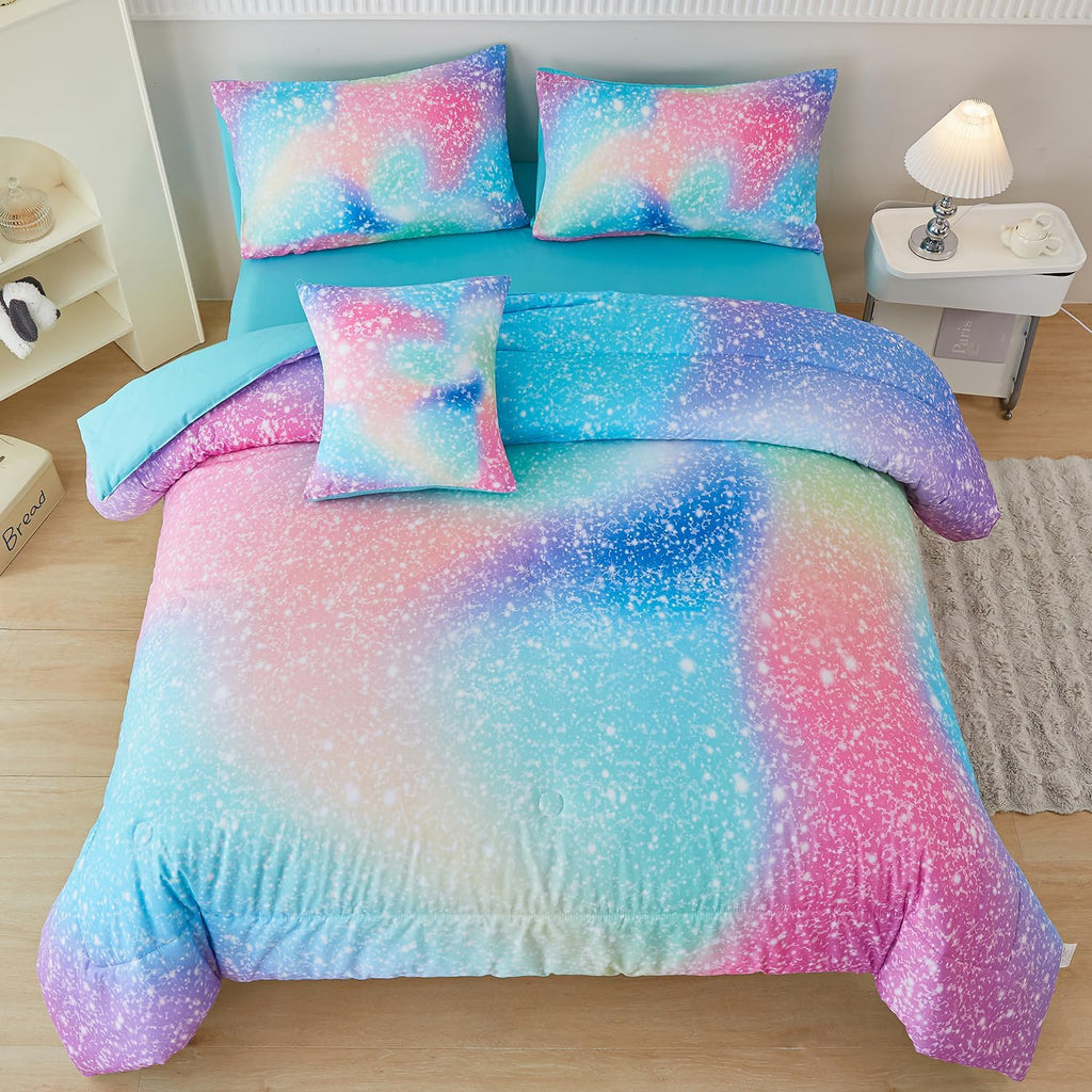 Pink Green Girls Twin Comforter Set, 6 Pieces Colorful Rainbow Kids Bedding Sets, Tie Dye Ombre Glitter Bed in A Bag