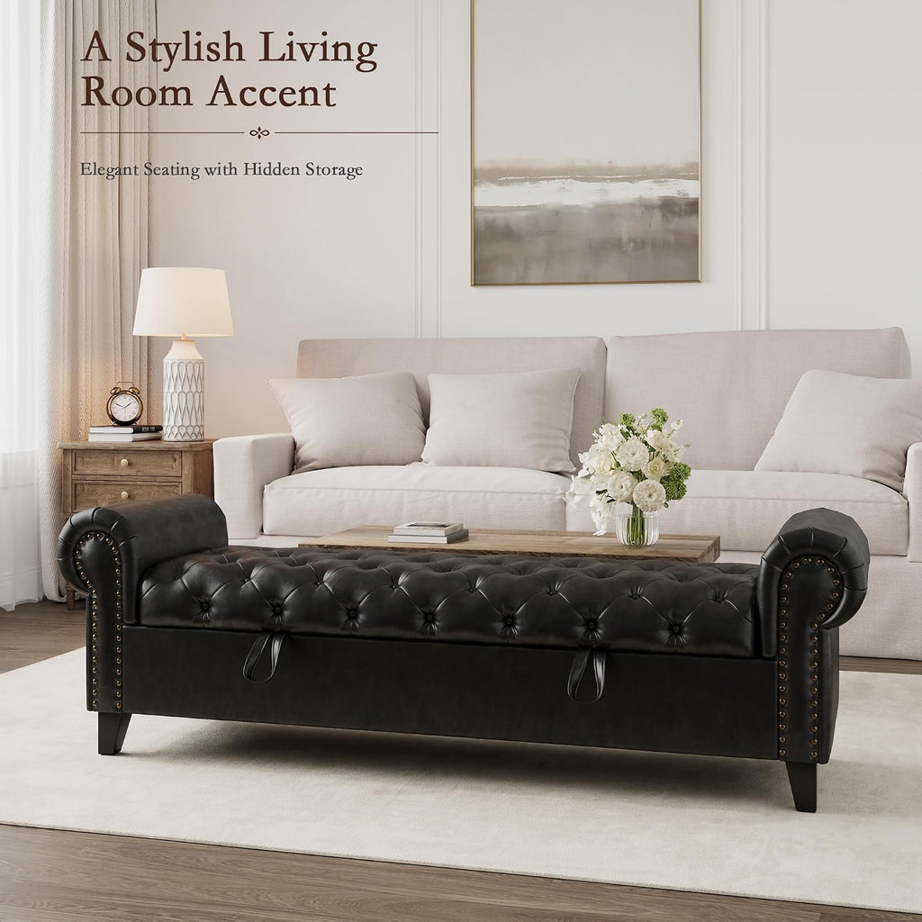67 Inch Faux Leather Storage Bench with Rolled Arms, Chesterfield Tufted Ottoman Bench with Nailhead Trim