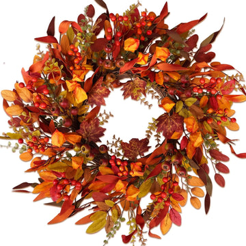 24 inch Berry Branches Fall Wreath for Front Door with Colorful Leaves