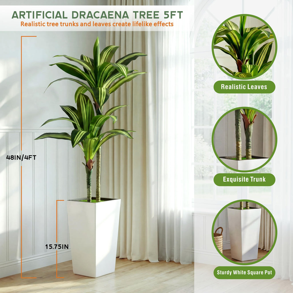 5FT Dracaena Artificial Plant, with White Tall Planter