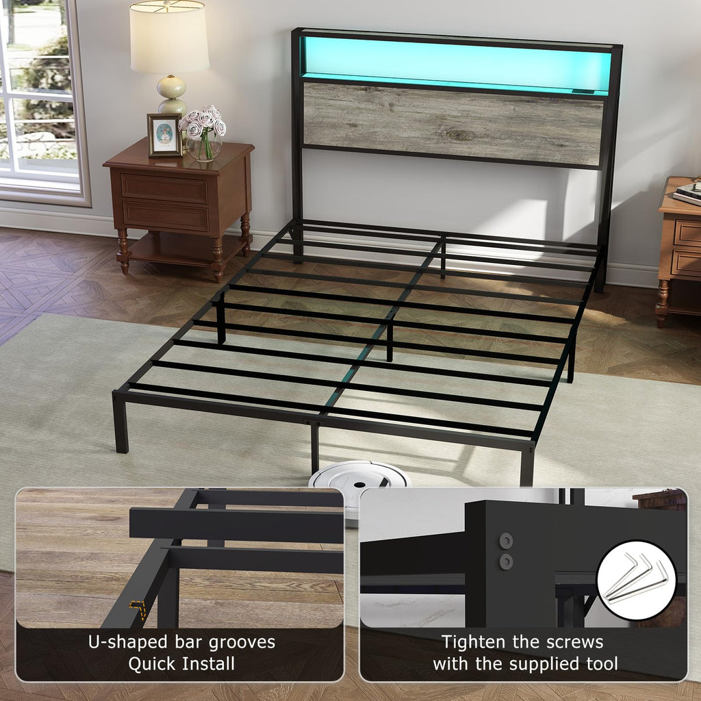 Bed Frame with 2-Tier Storage Headboard, Rustic Grey