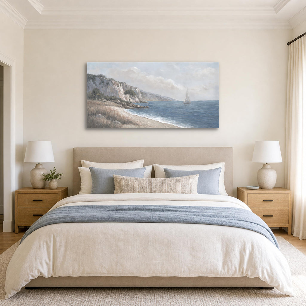 Large Coastal Seascape Canvas Wall Art, 58 x 29 Inch Blue Gray Sailboat and Cliff Landscape Print, Horizontal Beach