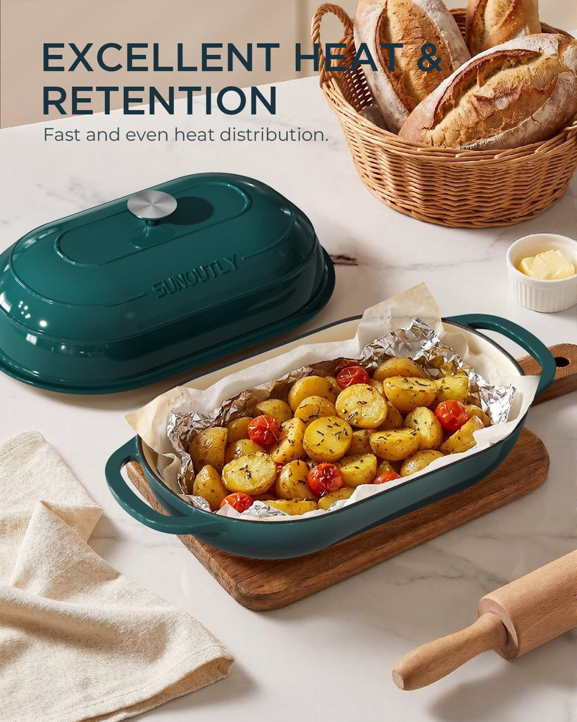 Enameled Cast Iron Dutch Oven for Bread Baking, 5QT Loaf Pan, Green