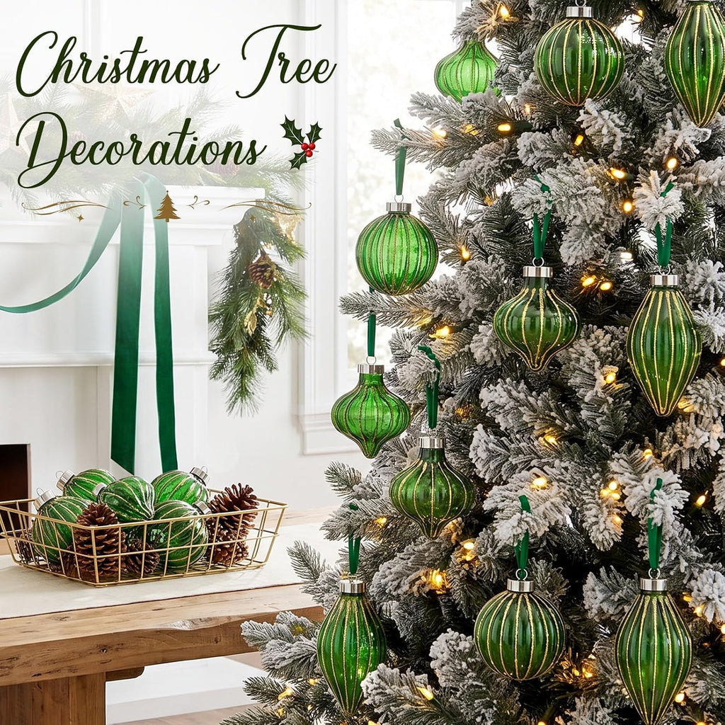 Vintage Neutral Christmas Ball Ornaments, Dark Green - Set of 9