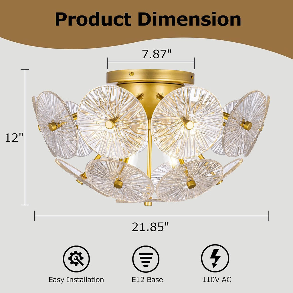 6 Lights Flush Mount Ceiling Light Fixture, 21.85" D Modern Glass Chandelier, Gold Glass Flush Mount Chandelier