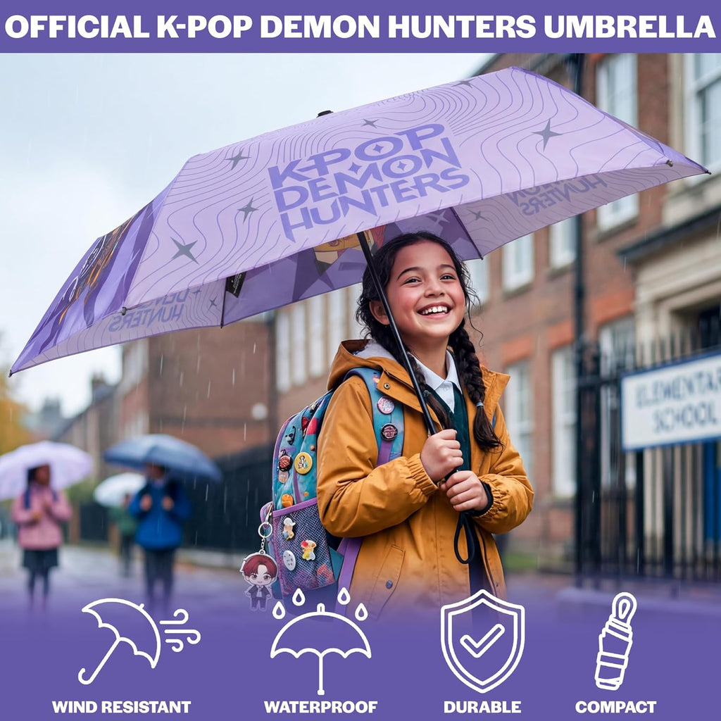KPop Demon Hunters Windproof Travel Umbrella, Huntrix Strong Folding Compact Umbrellas for Rain, Light Portable Kids