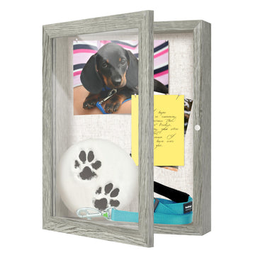 8.5x11 Deep Shadow Box Frame, Wooden Display Case w. Linen Board & Tempered Glass Door - Grey Woodgrain - Medium