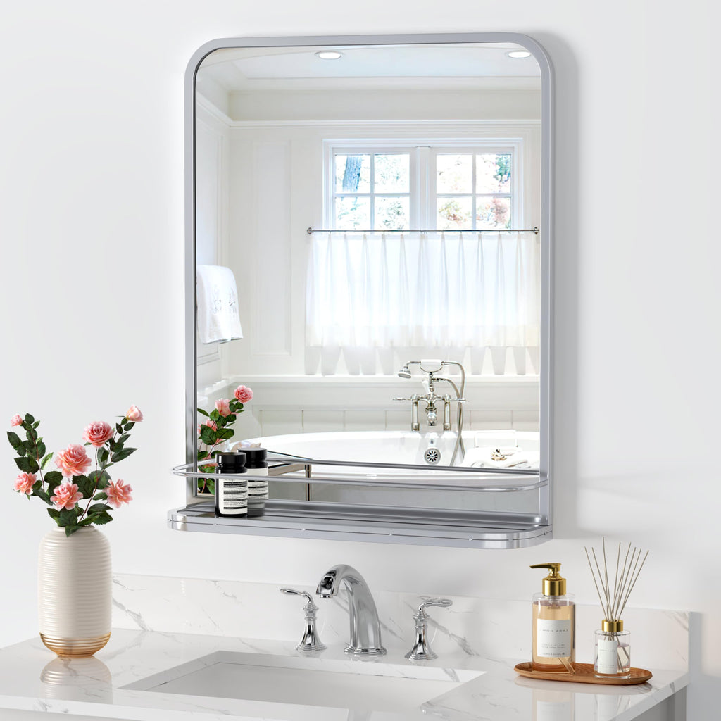 Sliver Bathroom Mirror with Shelf Vanity Mirror,Rectangle Metal Framed Rounded Corner Wall Mirror Living