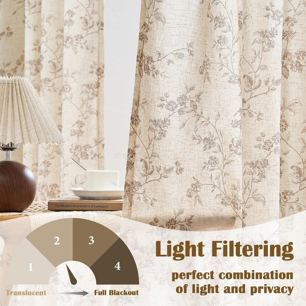 Taupe Floral Linen Curtains 84 Inch Farmhouse Curtain Back Tab Drapes for Living Room Bedroom Light Filtering Vintage