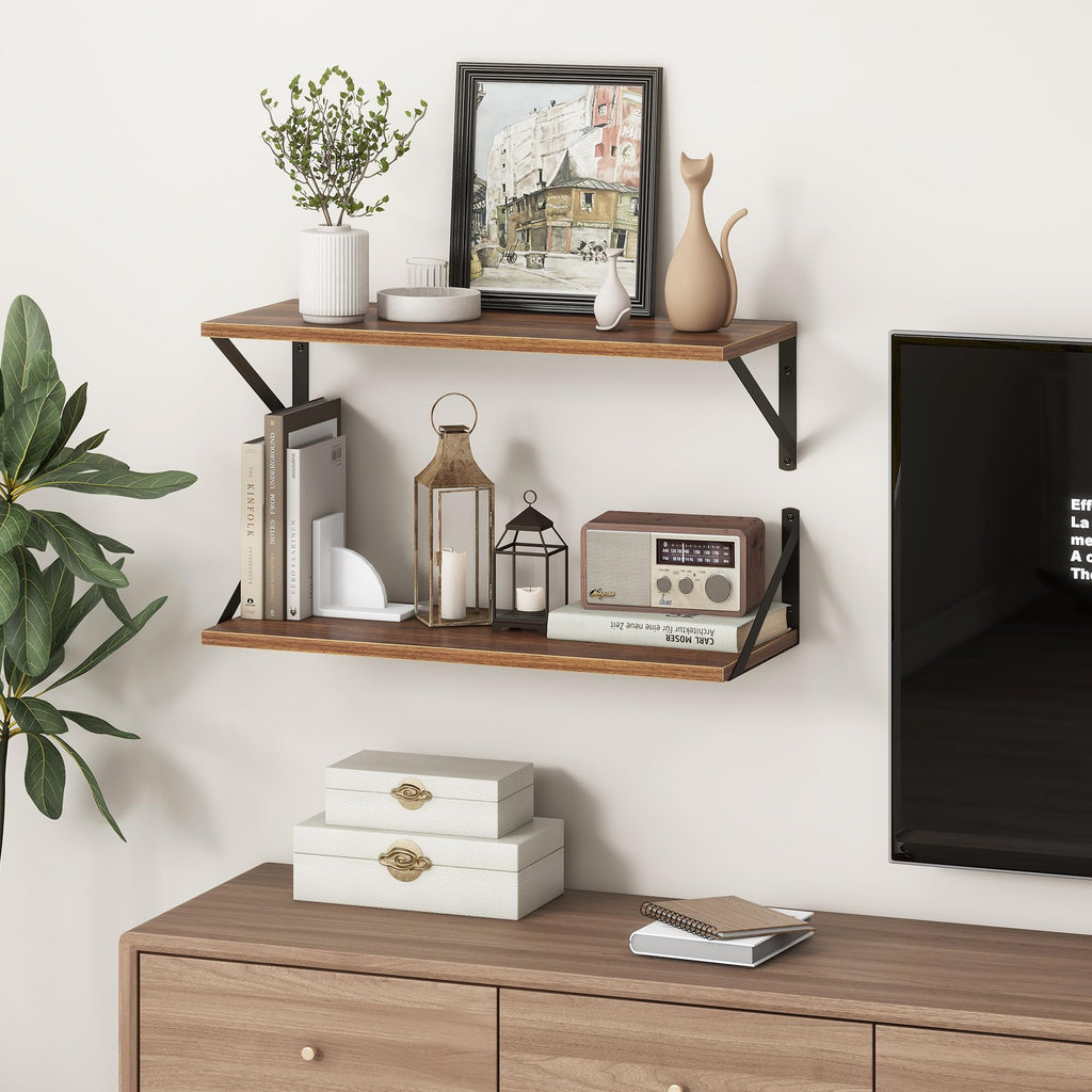 Deep Walnut Floating Shelves for Wall, 24"W x 10"D Wall Shelves Set of 2, 10 Inch Deep Floating Shelf with Brackets