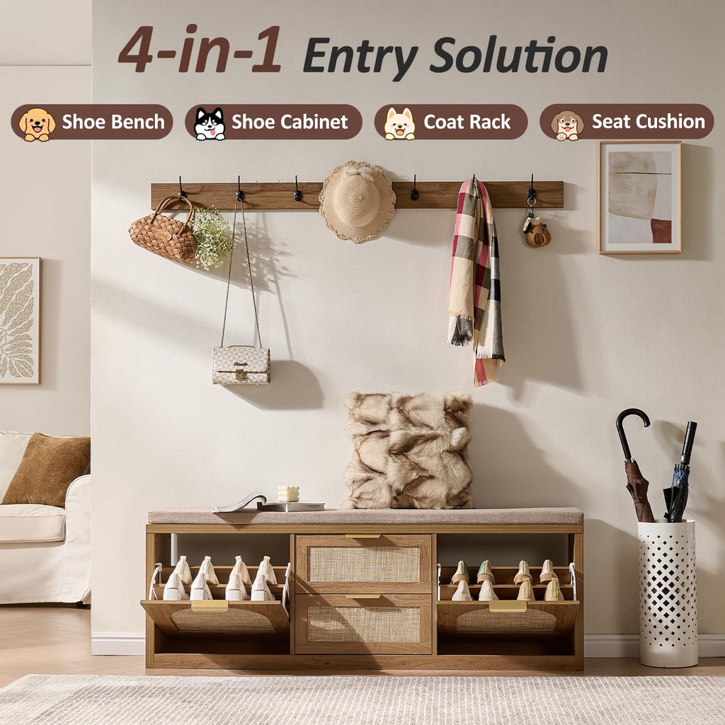 Rattan Narrow Entryway Bench with Shoe Storage, 4 Drawers & Coat Rack, Mid-Century Modern Wood Shoe Cabinet with Seat