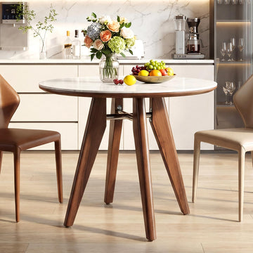 31.5" Round Dining Table, Modern Sintered Stone Kitchen Table with Solid Wood Legs, Small Space, Glossy White & Brown