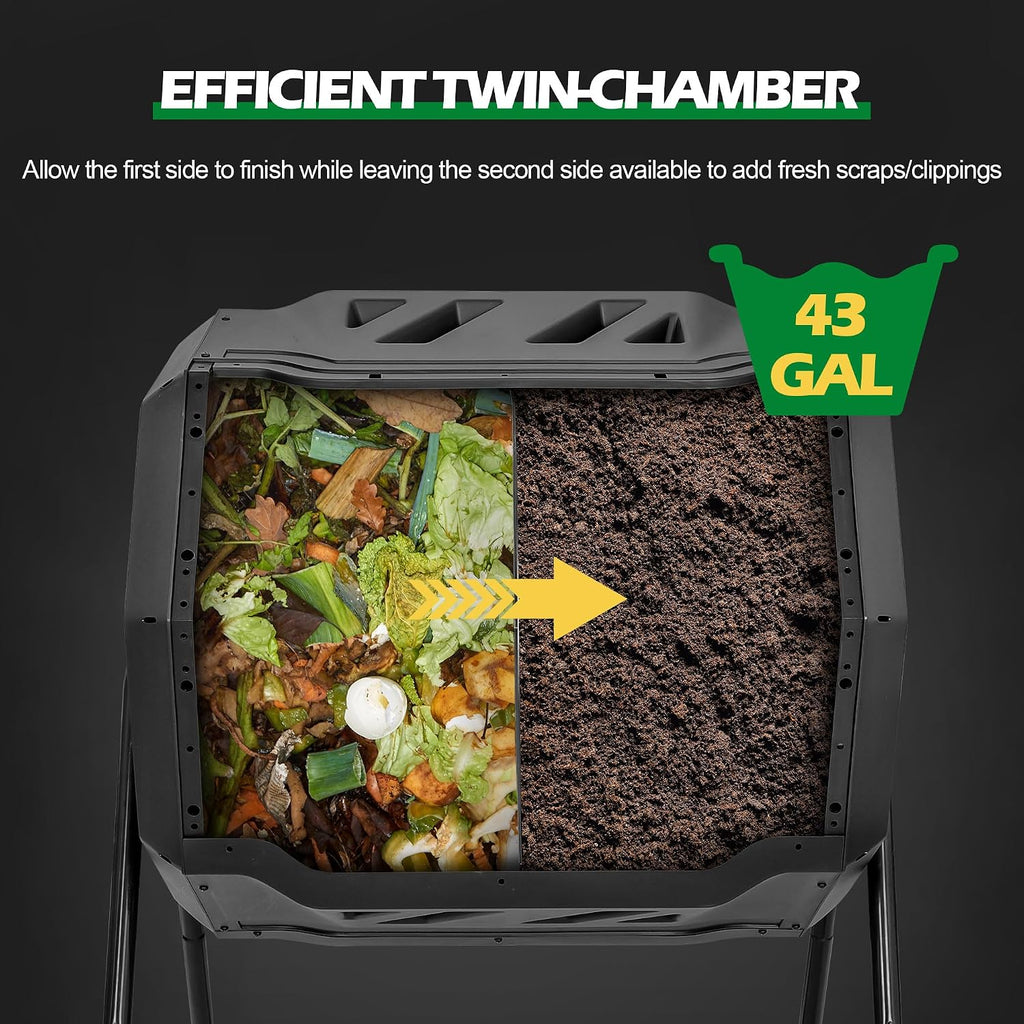 43 Gallon Compost Tumbler Bin Composter Dual Chamber BPA Free Compost Bin Outdoor Rotating Garden Yard Waste Bins