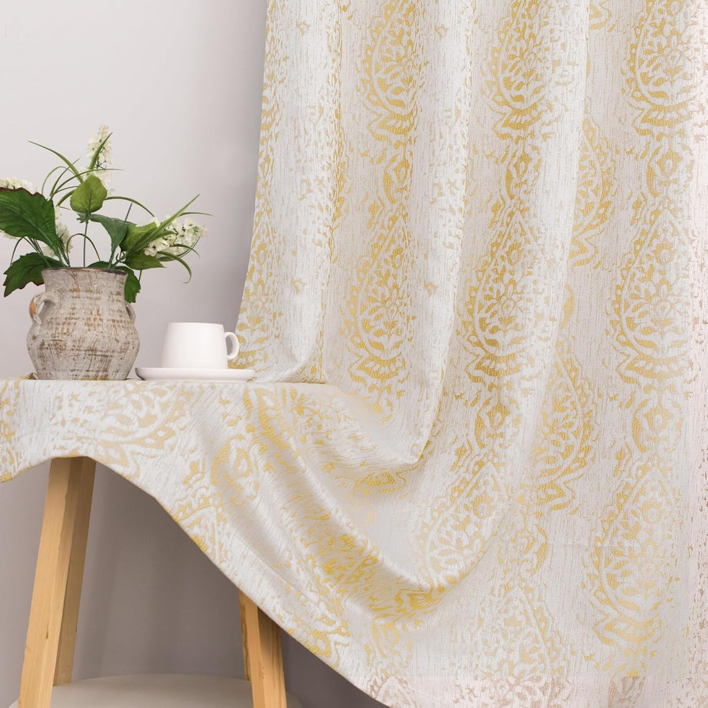 Gold Patterned Elegant Curtains, Blackout Damask Pattern Luxury Modern Design Contemporary Curtains, Wide 52 x 84