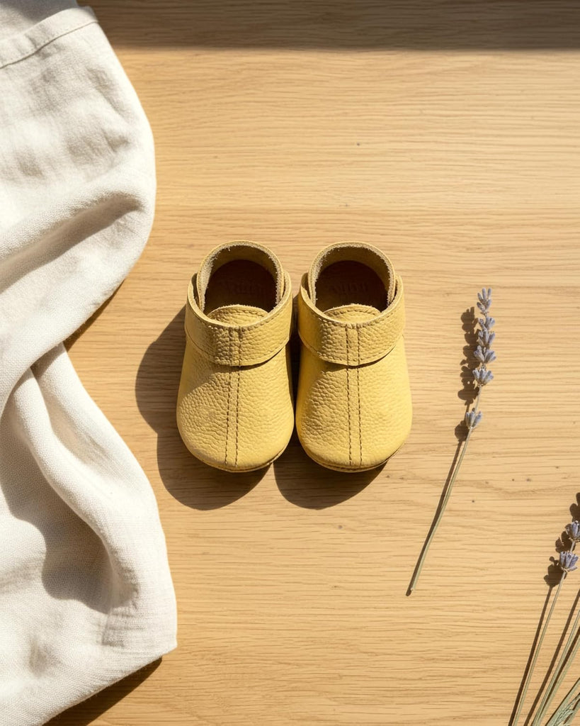Leather Baby Shoes, Yellow Soft Sole Moccasins, Real Leather Infant Booties, Handmade Toddler, Newborn Shower Gift