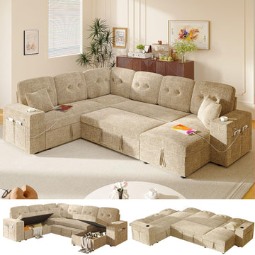 Modular Sectional Sleeper Sofa with Pull Out Bed, 108 Inch U Shaped 7 Seat Couches, Chenille Fabric Cloud Couch Bed