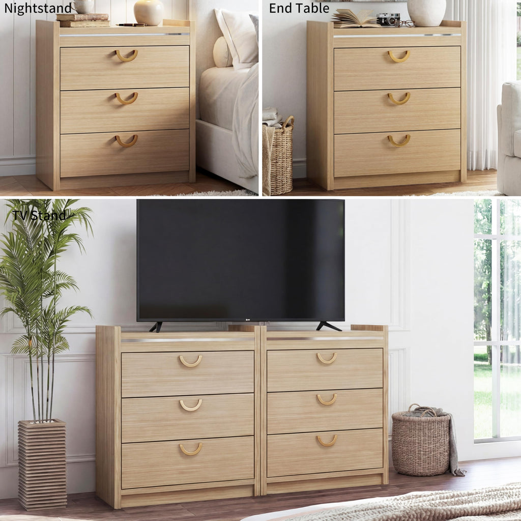 3 Drawer Dresser, 30.31" Tall Closet Chest Dressers Storage with Drawers, Gold Curved Handle & Raised Edge Design