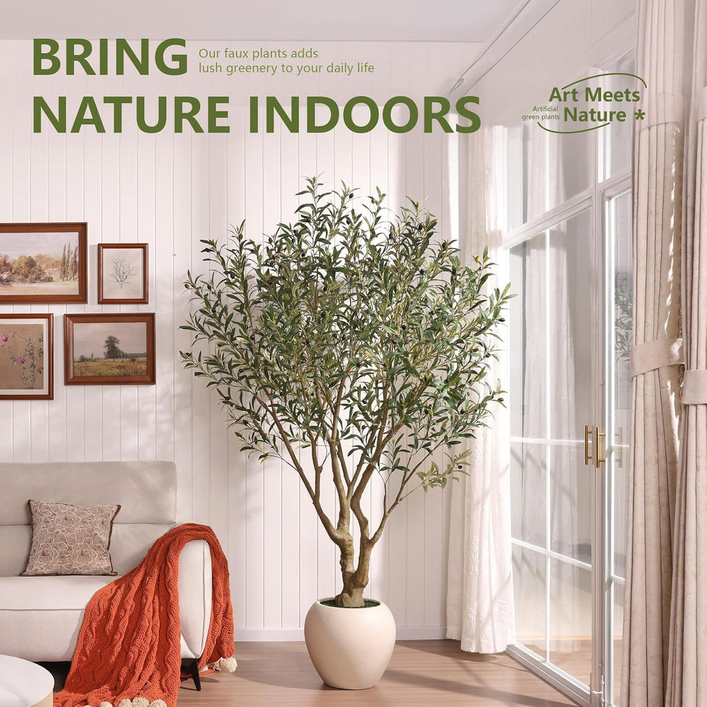 Artificial Olive Tree 7FT Faux Plant Home Decor - Large White Pot with Lifelike Silk Leaves, UV Resistant & No