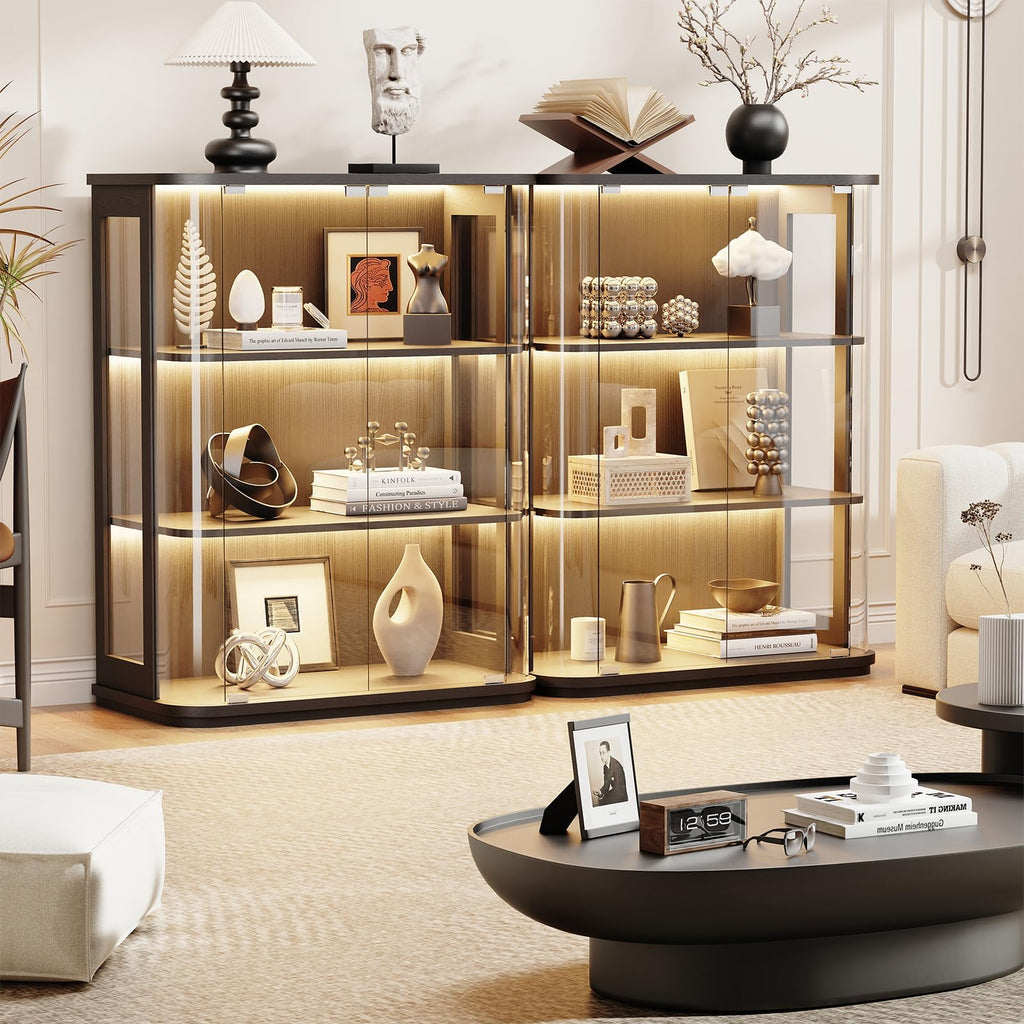 3-Tier Rounded Display Cabinet with Lights&Human Body Sensor Black