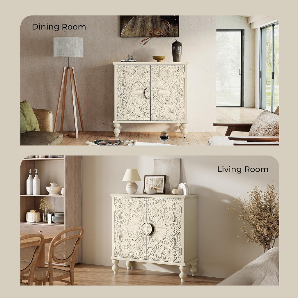 Buffet Cabinet with Storage, Accent Cabinet with 2 Carved Doors, Solid Wood Sideboard with Adjustable Shelf, Vintage