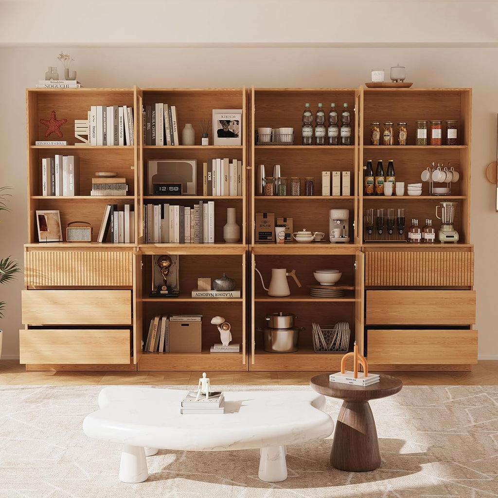 Tall Bookcase with Glass Doors and Drawers,71'' Wooden Bookshelf with Storage,Display Cabinet ,Set of 4 (DCCD)
