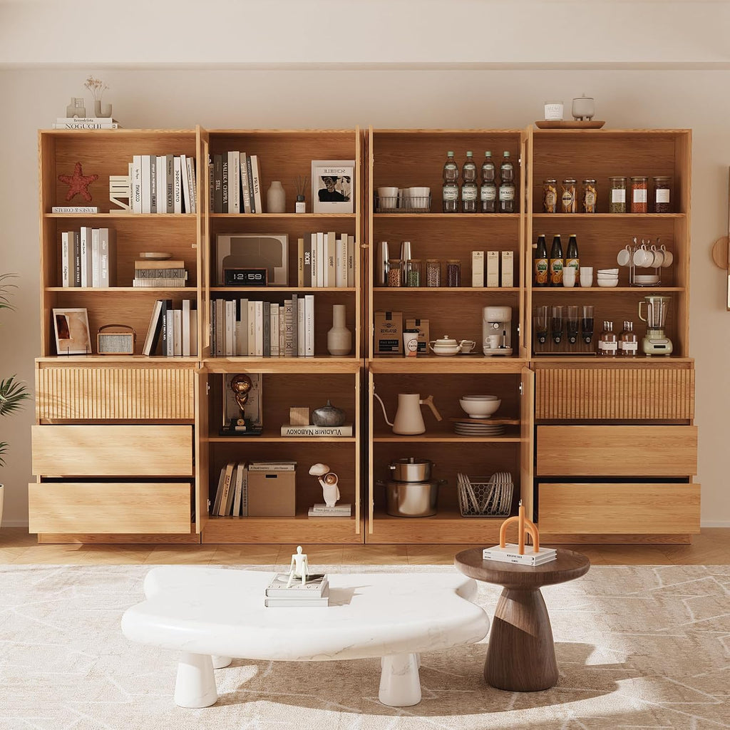 Tall Bookcase with Glass Doors and Drawers,71'' Wooden Bookshelf with Storage,Display Cabinet ,Set of 4 (Baab)