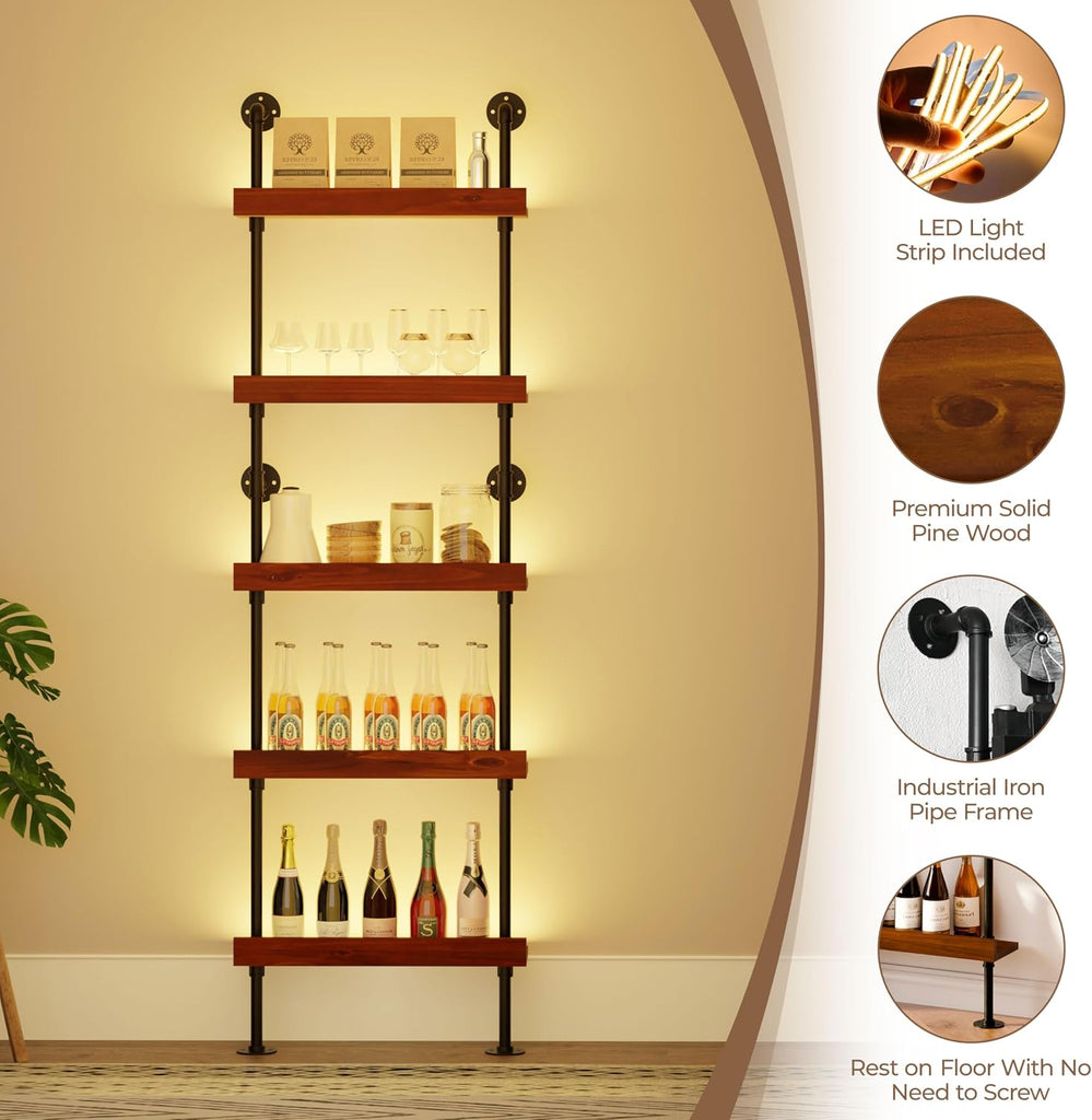 Industrial Bar Shelves, Wine Rack Wall Mounted, Walnut, 24 Inch | solid pinewood, industrial iron pipe, 5 tier, 30