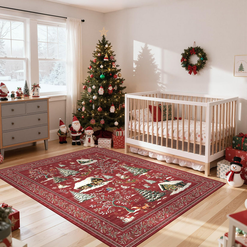 Christmas 8x10 Area Rug, Washable, Traditional, Red