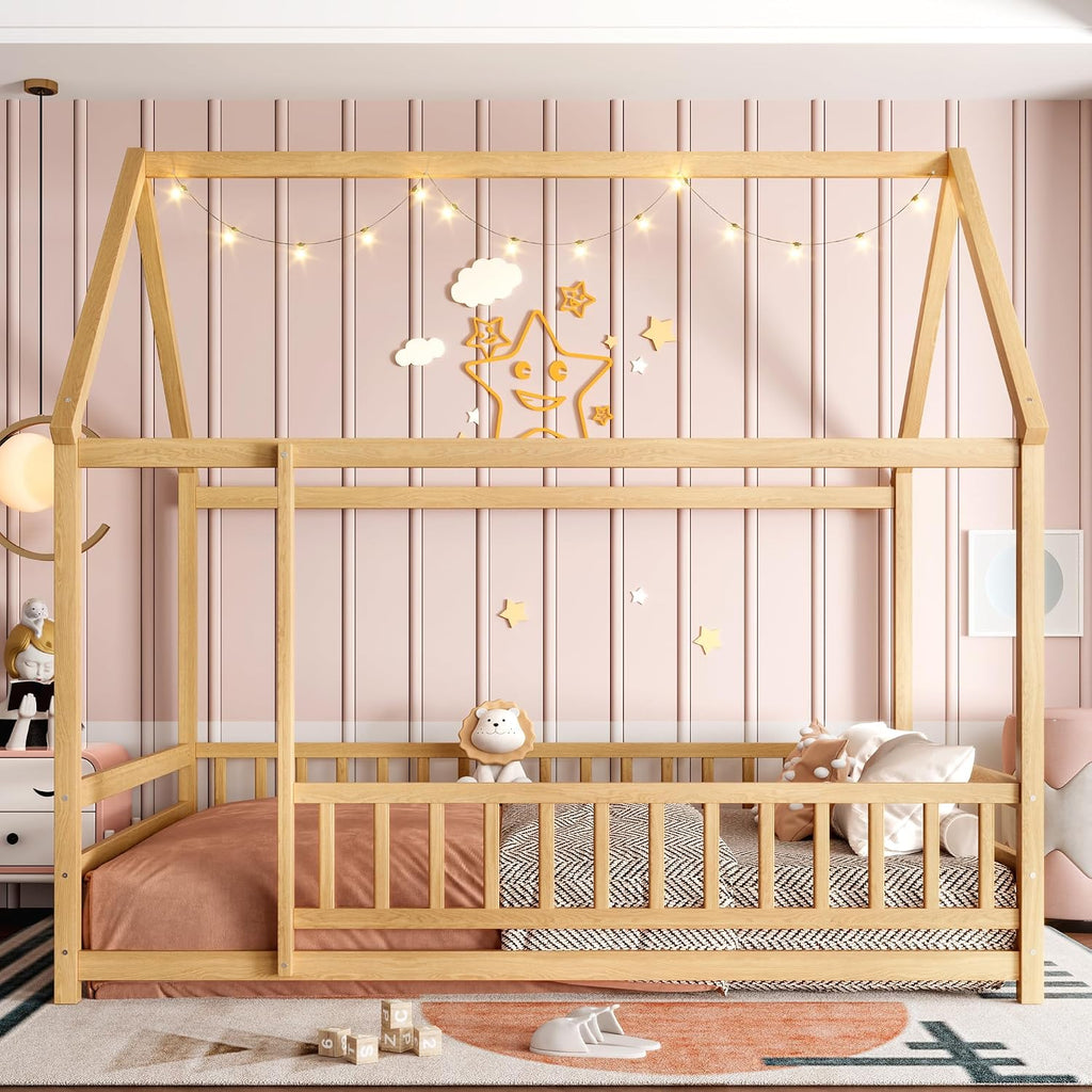 House Floor Bed with Guardrails, Montessori Bed for Kids Natural