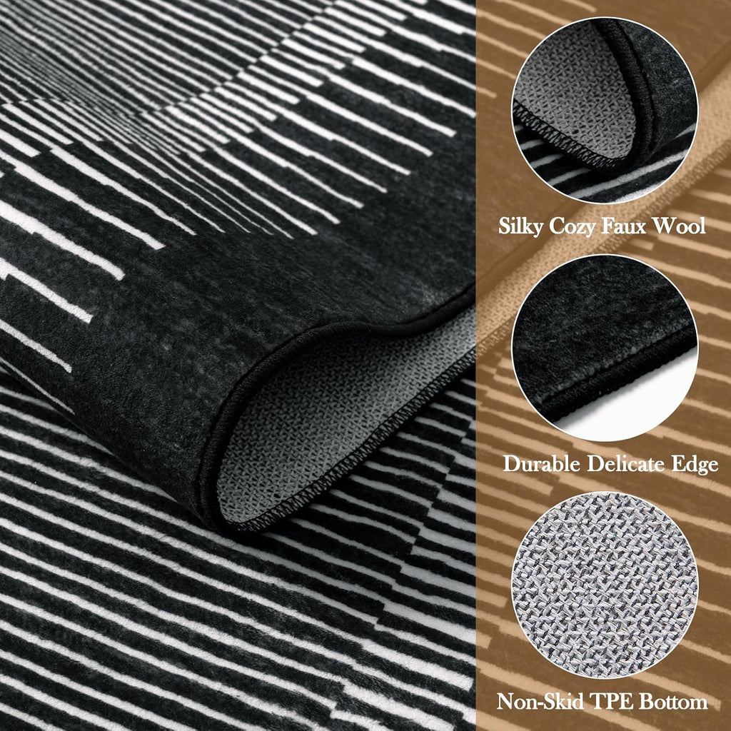 Washable Striped Washable Area Rug, Non-Slip Black Berber Stripe Rugs, Low Pile Minimalist Floor Carpet Rugs