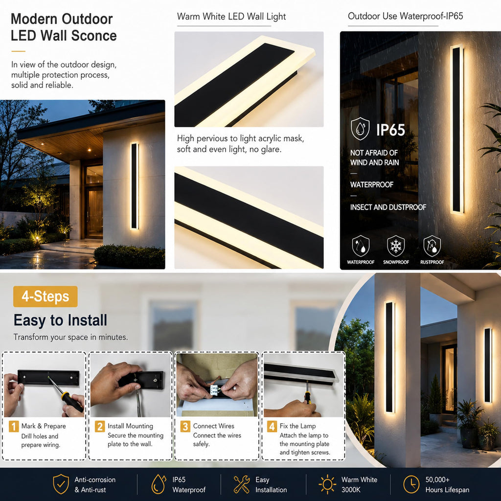 2Pack 79inch Long Outdoor LED Wall Light Waterproof IP65 Warm White