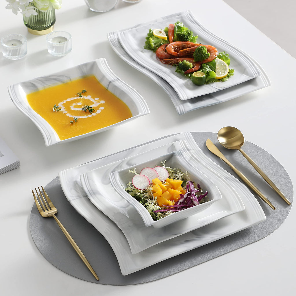 26-Piece Marble Grey Square Dinnerware Sets, Flora Porcelain Dinner Set for 6, Service for 6, Microwave & Dishwasher