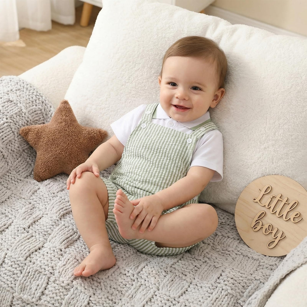 Toddler Baby Boy Clothes 2Pcs Summer Outfit Button Down Shirt & Stripe Shortall Romper Overall Sets