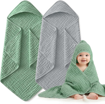 Muslin Hooded Baby Towels 2 Pack, 100% Cotton Baby Bath Towels for Newborn